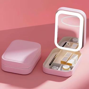 Imagem de Porta Joias com Espelho LED, Rosa, Material Courino, 11,5x16,5x16cm, 3 Modos de Iluminação, Carregamento USB, Organizador de Acessórios Portátil com Bateria 1200mAh