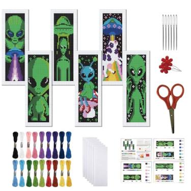 Imagem de FREEBLOSS Conjunto de 6 kits de marcadores de página de ponto cruz, kit de bordado de 11 CT com instruções para iniciantes 20 x 6 cm