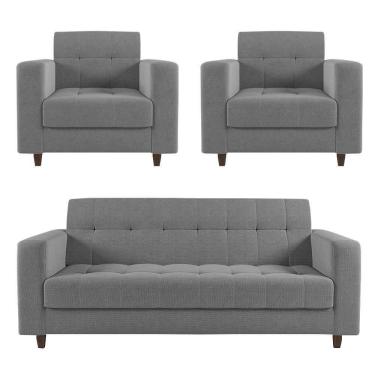 Imagem de Sofá 2 Lugares E 2 Poltronas Pé Madeira Tabaco Arezo Linho Grafite D01 - D`rossi