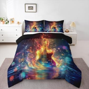 Imagem de Erosebridal Jogo de cama solteiro com guitarra, arte musical, galáxia, guitarra, fogo, notas musicais, edredom para quarto de crianças e adultos