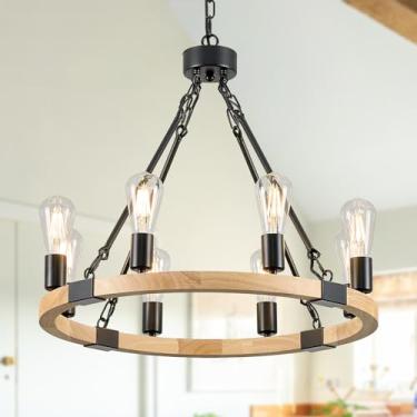 Imagem de Poemoon Lustre de roda de vagão de madeira com 8 luzes, casa de fazenda natural, 60 cm, luminárias de metal preto, lustre redondo de madeira rústica para sala de estar, sala de jantar, cozinha