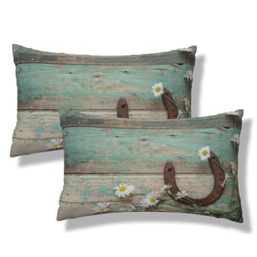Imagem de VIREOTHIA Conjunto de 2 fronhas decorativas rústicas de madeira azul-petróleo, margarida, margarida, retangular, 30 x 50, conjunto de 2 capas de almofada para decoração de sofá-cama