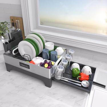 Imagem de ZXICEU Escorredor de pratos - Escorredor de pratos expansível, escorredor de pratos com gaveta, suporte de utensílios, suporte de copo e escorredor