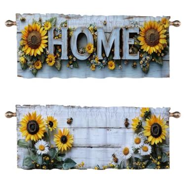 Imagem de WUQIANQ Conjunto de 2 cortinas de cozinha Farmhouse girassol para janelas vintage fazenda madeira rústica bolso varão tratamentos cortinas para quarto banheiro janela tratamento sanefas 137 x 45 cm