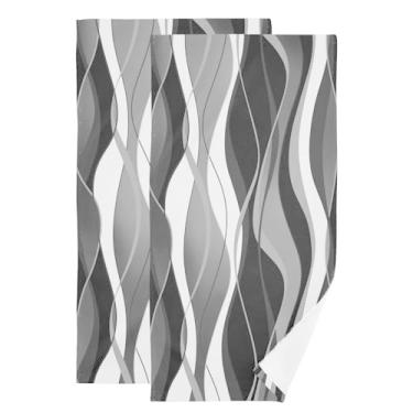 Imagem de YOCIBIUT Toalhas de mão geométricas listradas brancas e cinza para banheiro, conjunto de 2, toalhas de cozinha estéticas abstratas modernas absorventes, 35,56 x 71 cm, toalhas de banheiro decorativas