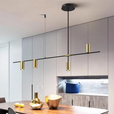Imagem de Luminária pendente para mesa de jantar, preta e dourada, moderna, com design linear, lustre GU10/LED para sala de estar e jantar, estilo vintage (cúpula dourada, 4 lâmpadas, luz quente).