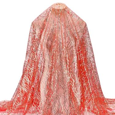 Imagem de MAYJOYDIY Tecido de lantejoulas onduladas vermelhas de 150 cm de largura com glitter bordado tule linha ondulada tecido de rede de costura dourada para vestido de casamento, formatura, festa, toalha