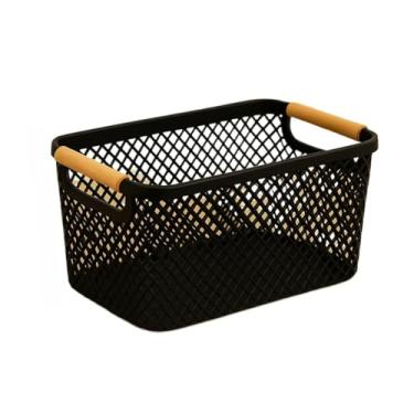 Imagem de Cesto Organizador de Plástico com Alça de Bambu – Preto ou Branco, Tamanhos M e G Cozinha Banheiro(PRETO ELEGANTE M-32cm20cm14cm)