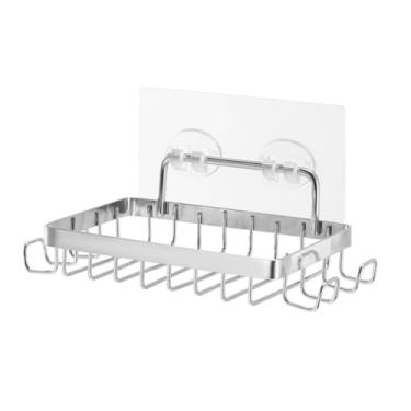 Imagem de Suporte de saboneteira de aço inoxidável com 6 ganchos adesivo montado na parede sem perfuração à prova de ferrugem para banheiro, chuveiro, cozinha