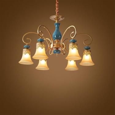 Imagem de Lustre de luxo europeu para sala de estar, estilo retrô americano, em cerâmica, para restaurante, quarto, escritório, hotel, casa de campo ou café, com 6 lâmpadas LED.
