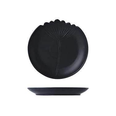 Imagem de Série de dente de leão com design de relevo de cerâmica fosca para salada, massa, fruta, aperitivo/sobremesa, pratos de Natal, pratos de jantar de Natal, conjunto de 2 pratos de jantar preto/branco