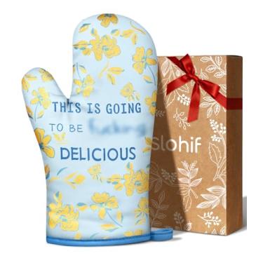 Imagem de Slohif Luva de forno engraçada resistente ao calor para mulheres - 1 pacote com luvas de forno de cozinha fofas azuis com 100% algodão para assar e cozinhar acessórios (flor amarela)