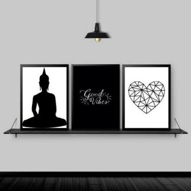 Imagem de Kit 3 Quadros Zen Buda Good Vibes 24X18Cm Moldura Preta - Quadros On-L