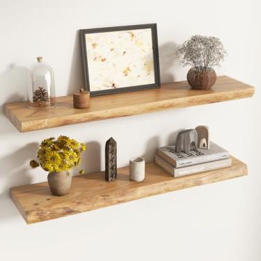 Imagem de Venusmiles Prateleiras flutuantes Live Edge para decoração de parede, shevles de madeira maciça rústica montadas na parede com suporte invisível para sala de estar, banheiro, quarto, cozinha, 91 cm