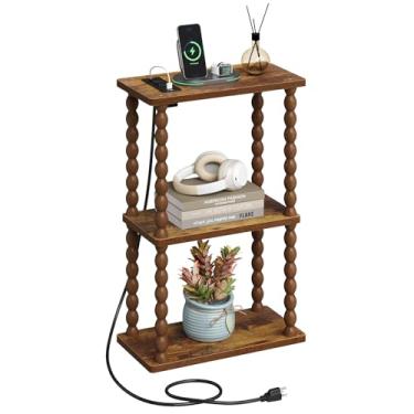 Imagem de ELYKEN Mesa lateral com estação de carregamento, mesas de canto pequenas, sala de estar com porta USB e tomada, mesa-de-cabeceira estreita de 3 camadas para quarto, marrom rústico