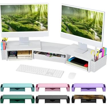 Imagem de Spacrea Organizadores e acessórios de mesa de metal, suporte para monitor duplo com gaveta e 2 suportes de caneta, acessórios de mesa e organizadores de mesa de trabalho para material de escritório