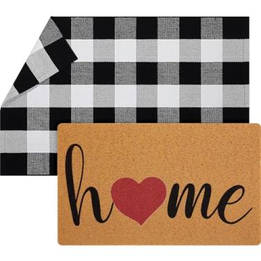 Imagem de Geelin Tapete de boas-vindas para ambientes externos, casa, coração, capacho decorativo imitação de coco, antiderrapante, preto e branco, tapete quadriculado, para decoração de casa