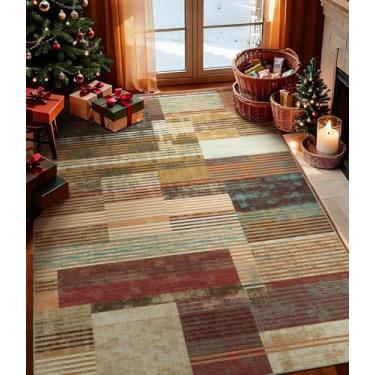 Imagem de YIHOUSE Tapete marrom 10 x 15 cm, tapetes laváveis, vintage bordô para quarto, tapete de área laranja queimado antiderrapante, tapete geométrico boho para cozinha, sala de jantar