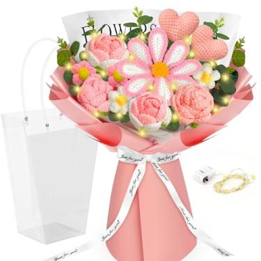 Imagem de ICX Buquê de flores de crochê, feito à mão com rosas, flor Gesang, coração de crochê, buquê de crochê, presente para casamento, aniversário, aniversário, dia das mães para ela, namorada, esposa