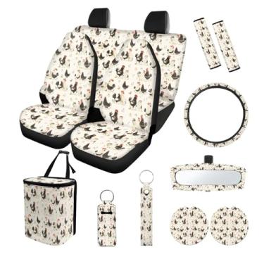 Imagem de Suobstales Conjunto de 13 capas de assento de carro com estampa de flor de galo galo, capas de volante, lata de lixo de carro, capa de cinto de segurança, porta-copos, chaveiros, capa de espelho