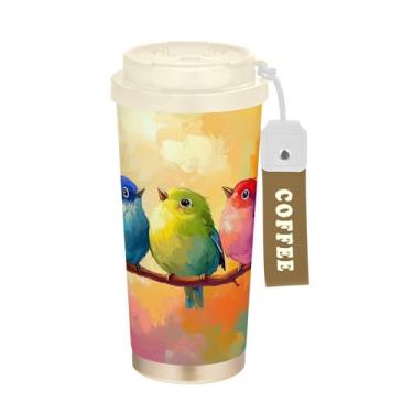 Imagem de SEHANY Caneca de viagem de pássaro colorida de 482 g Copos de café reutilizáveis revestidos de cerâmica com tampa à prova de vazamento, parede dupla, copo de café de aço inoxidável isolado a vácuo
