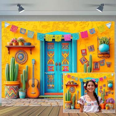 Imagem de Decoração de arte folclórica com tema mexicano de 2,8 x 1,8 m de cacto, violão, ideal para festa de festa de cinco de maio e eventos de fotografia de fundo de cabine de fotos