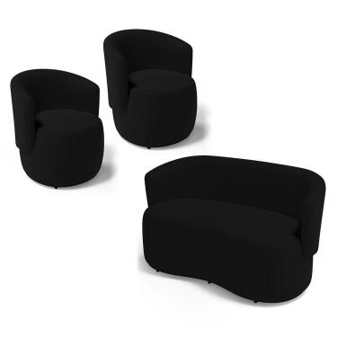 Imagem de Kit 2 Poltronas E 1 Namoradeira Aisha Orgânica Suede Preto - Abmaza