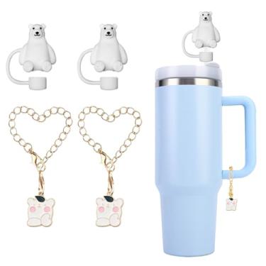 Imagem de Kleeblatt Capa de palha de urso polar para copo Stanley, 2 peças de topo de palha de silicone fofo de 10 mm para copos com 2 peças de pingentes de urso polar personalizados, acessórios de copo Stanley