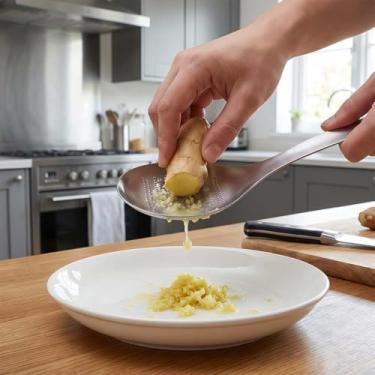 Imagem de Ralador de gengibre de aço inoxidável, moedor de cozinha multiuso para alho, gengibre e rábano, ralador manual em forma de colher com dentes finos, ferramenta alternativa de prensa de alho resistente