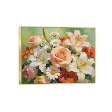 Imagem de Pintura de arte de parede de flores - imagem de decoração vintage - buquê de flores 4 - impressões em tela moldura dourada para sala de estar 50 x 65 cm 20 x 26 pol
