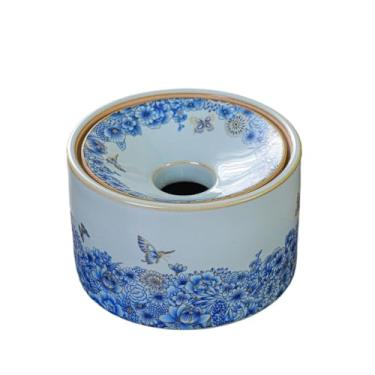 Imagem de Cinzeiro Cinzeiro redondo de cerâmica com tampa, azul claro, para uso em casa, sala estar ou escritório