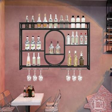Imagem de GKPSSURV Rack de vinho de metal montado na parede com luz LED, prateleiras de exibição flutuantes para garrafas de bebidas e taças de vinho, prateleira de armazenamento, para casa, restaurante, bares
