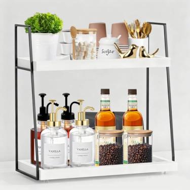 Imagem de 2087 Organizador de mesa de café, organizador de acessórios de barra de café grande de 2 camadas para armazenamento, prateleira de metal estável de madeira para xaropes, recipiente de açúcar/colher