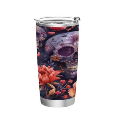 Imagem de STAYTOP Lindo copo de aço inoxidável de caveira de flor de 590 ml, copo de café isolado com tampa e canudo, caneca de café de viagem de parede dupla para bebidas quentes e frias