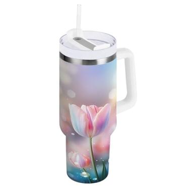 Imagem de Kigai Copo de tulipa de primavera bonito de 1,134 g com tampa e canudo, copo isolado de aço inoxidável durável à prova de vazamento com alça, garrafas de água à prova de derramamento para viagens