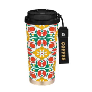 Imagem de STAYTOP Copo de café de aço inoxidável de 500 ml, caneca de café isolada com azulejos de cerâmica estilo mexicano com tampa, copo de café à prova de derramamento, copos portáteis reutilizáveis para