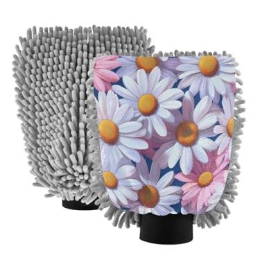 Imagem de STAYTOP Lindas luvas de lavagem de carro de pétalas de margarida, 2 peças, luvas de microfibra de chenille, sem arranhões, panos de esponja de lavagem ultra absorventes para carros, limpeza doméstica