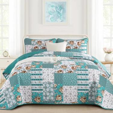 Imagem de Anibedding 3 colchas de patchwork, tamanho king, estilo verde água, xadrez, com fronhas duplas para todas as estações