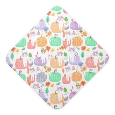 Imagem de Burbuja Toalha de banho de bebê White Cats in Pumpkins - Toalha com capuz de musselina macia e absorvente para recém-nascidos, 76 x 76 cm