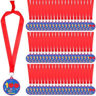 Imagem de 60 medalhas de prêmio Happy 100 Days of School 1,97'' Medalhas de borracha do 100º dia de escola para prêmios com fita de 80 cm para recompensas de sala de aula, materiais escolares, concurso de