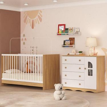 Imagem de Berço 3 Em 1 Para Colchão 130x60cm Com Cômoda 1 Porta 4 Gavetas Liz Multimóveis MP4761 Madeirado-branco