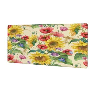 Imagem de Tapete de mouse retrô de papoula de girassol grande, impermeável, protetor de mesa estendido para computador, base de borracha antiderrapante para escritório, computador, teclado, laptop e mesa de