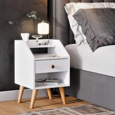 Imagem de Mesa de Cabeceira Pés Palito Retrô Criado Com 1 Gaveta Quarto Decoração (Branco)