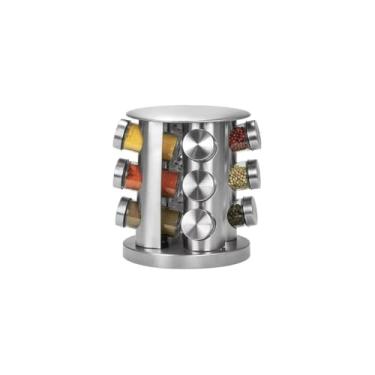 Imagem de Porta Temperos Giratório em Aço Inox, 12 Potes de Vidro com Tampa, Base 360°, 21cm x 16cm, para Cozinha, Condimentos e Especiarias