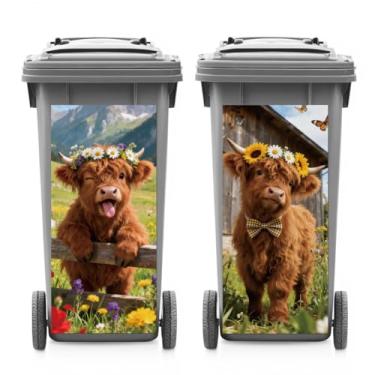 Imagem de ANATTASOUL 2 folhas de adesivos de caixote de lixo engraçados Highland Bull à prova d'água, decoração de caixote do lixo, adesivo grande de 37,8 cm x 81,8 cm para lixeiras, geladeira, parede externa