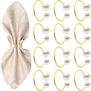 Imagem de 12 peças de anéis de guardanapo espirais dourados, fivelas de porta-guardanapos para casamento, jantar, decorações de mesa (pérola)