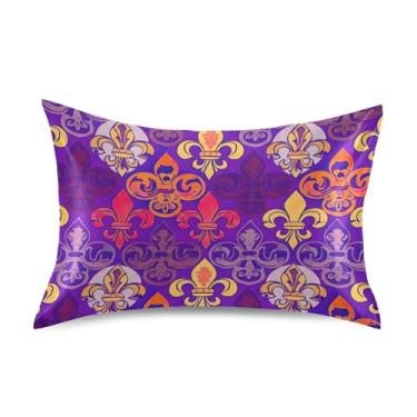 Imagem de Fronhas legais Mardi Gras Fleur De Lis Roxo Cetim Padrão Queen King Fronha de Cama Macia Refrigerante Tamanho Queen 76.2 cm x 50.8 cm