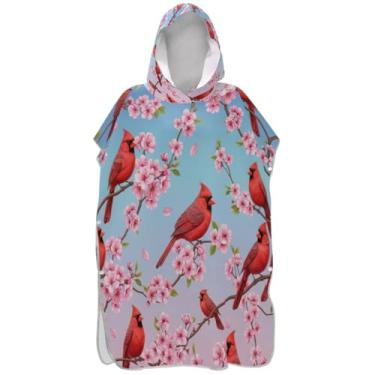 Imagem de Joisal Poncho de surfe pássaros vermelhos flores rosa roupão de banho com capuz toalha de banho leve unissex adulto poncho com capuz
