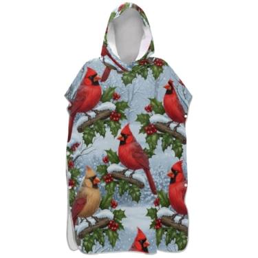 Imagem de Joisal Poncho de surfe trocador de roupão para banho de praia Adul toalhas com capuz absorvente masculino poncho com capuz pássaros vermelhos bagas