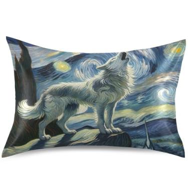 Imagem de Capa de almofada de cetim de noite estrelada de lobo uivando almofada de resfriamento King Queen Standard Pillow Slip Padronizado para cama, tamanho Queen, 76 cm x 50 cm